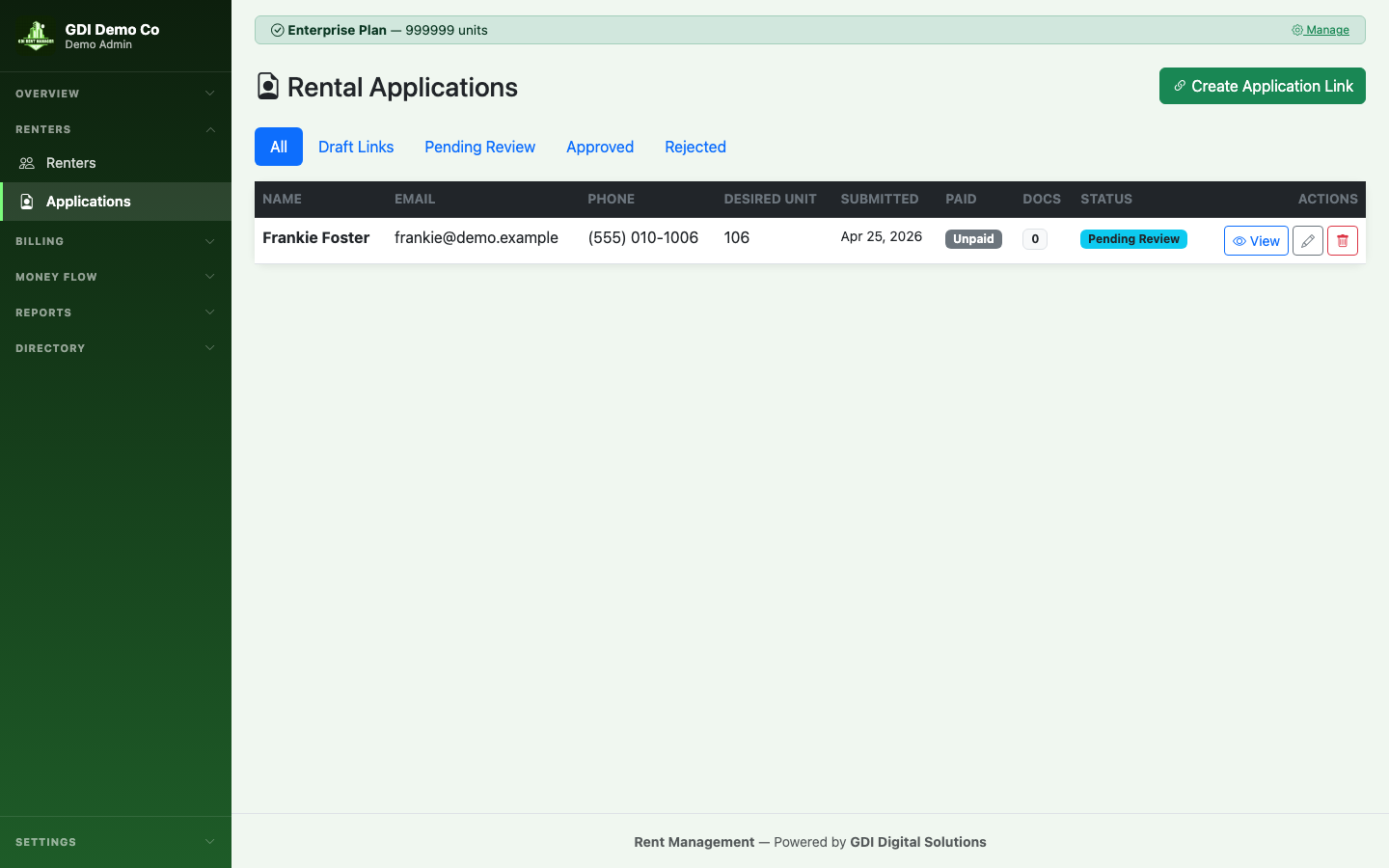 Applications list with status tracking, filter tabs, and review actions