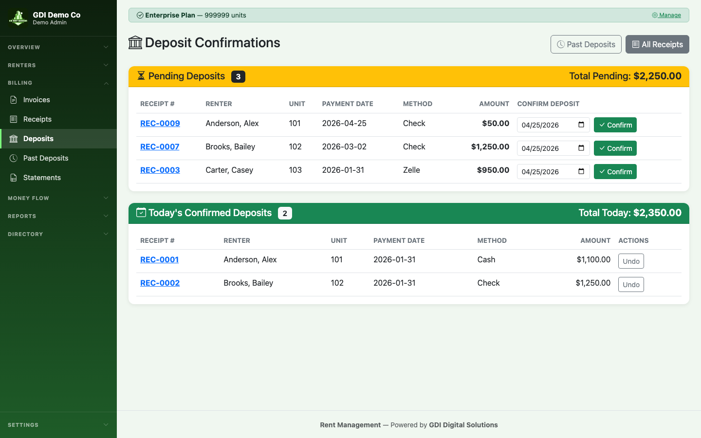 Deposits list showing pending and confirmed deposits with totals
