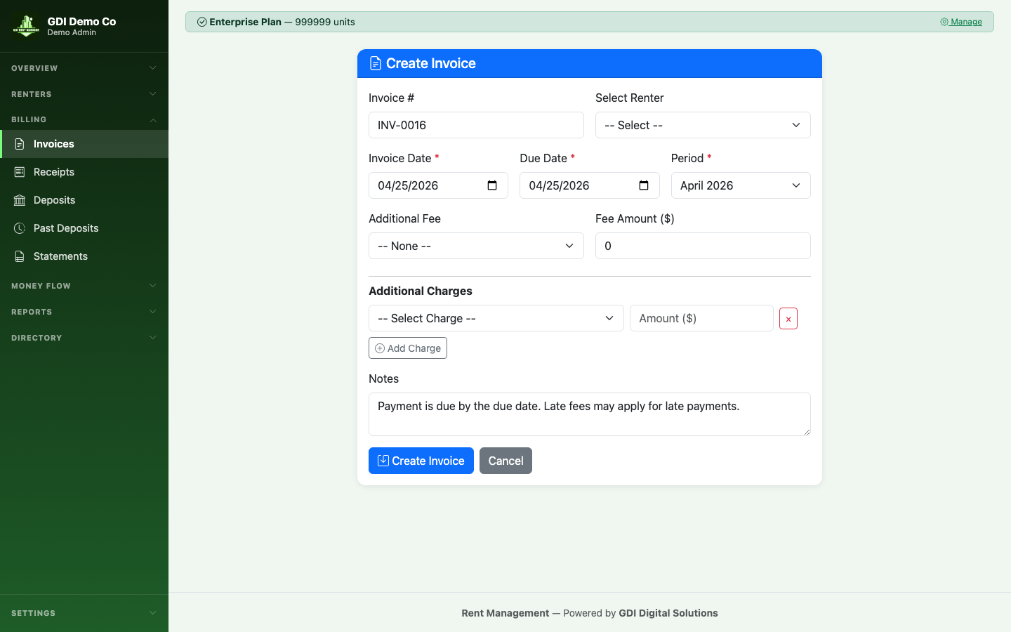 Invoice creation with auto-filled dates, period, and fee schedule