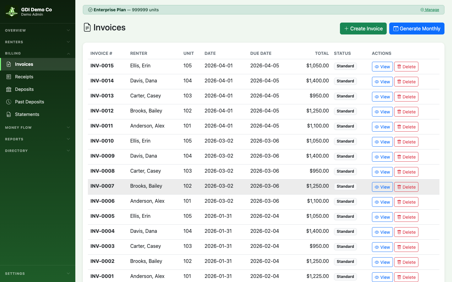 Invoice list with status, amount, and quick view