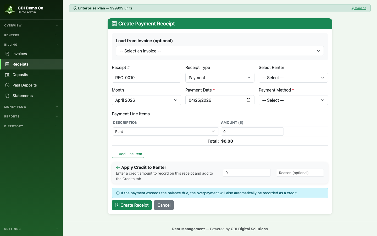 Receipt creation with line items, credit application, and balance preview