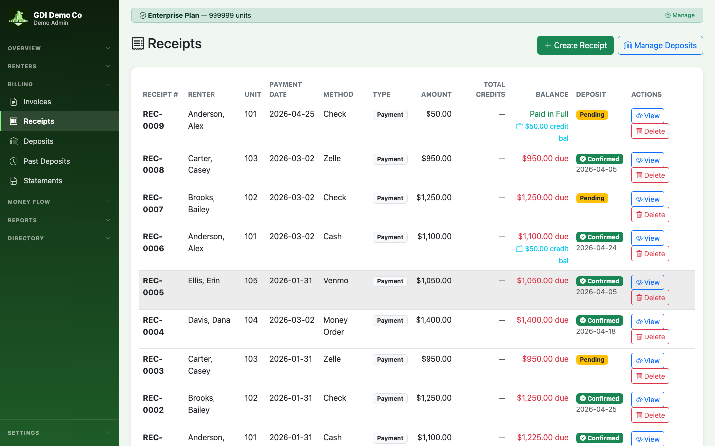 Receipt list with payment method, month, and totals