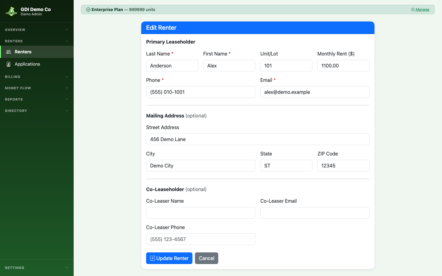 Renter detail page with invoices, receipts, credits, and documents