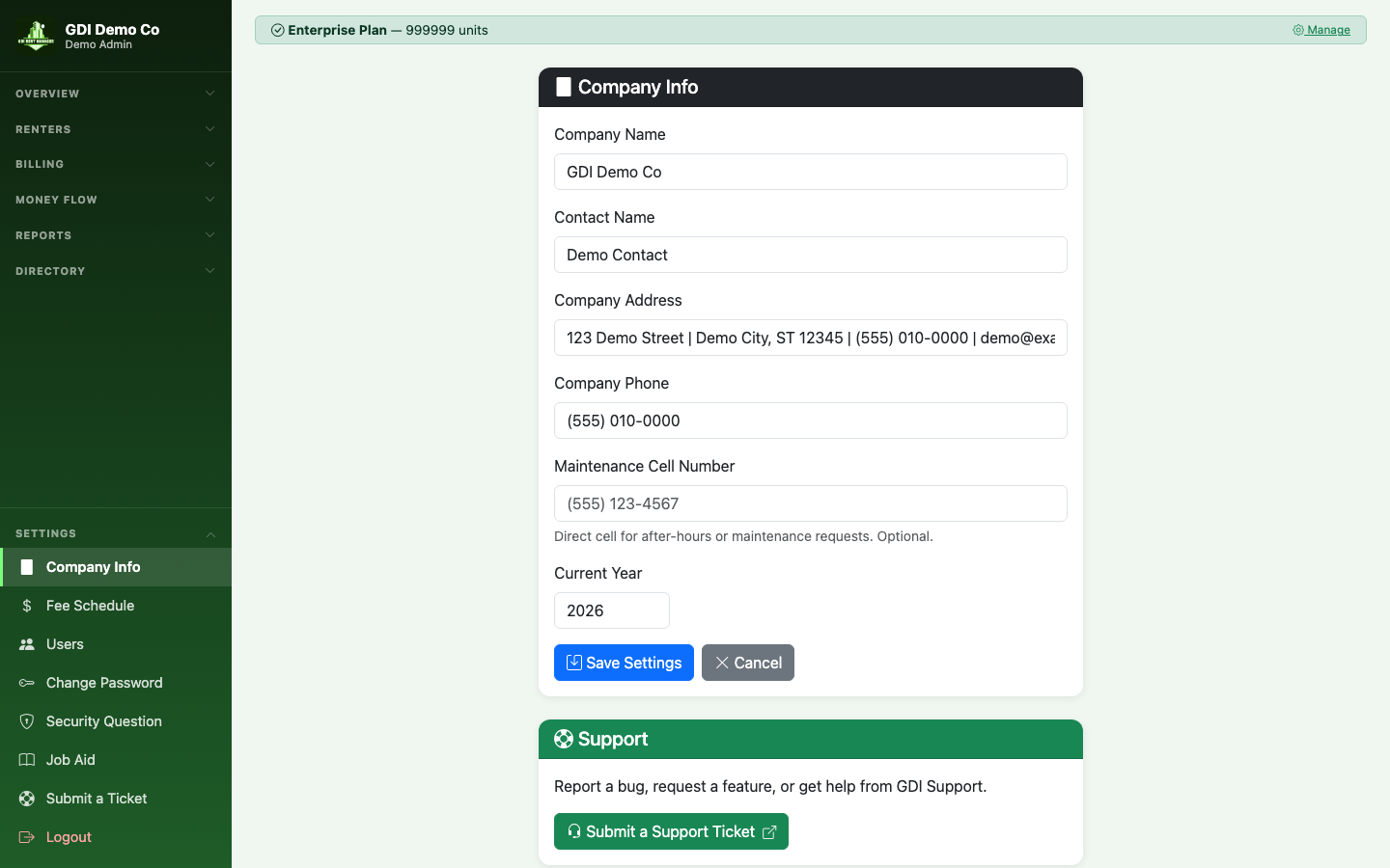 Company settings and fee schedule configuration