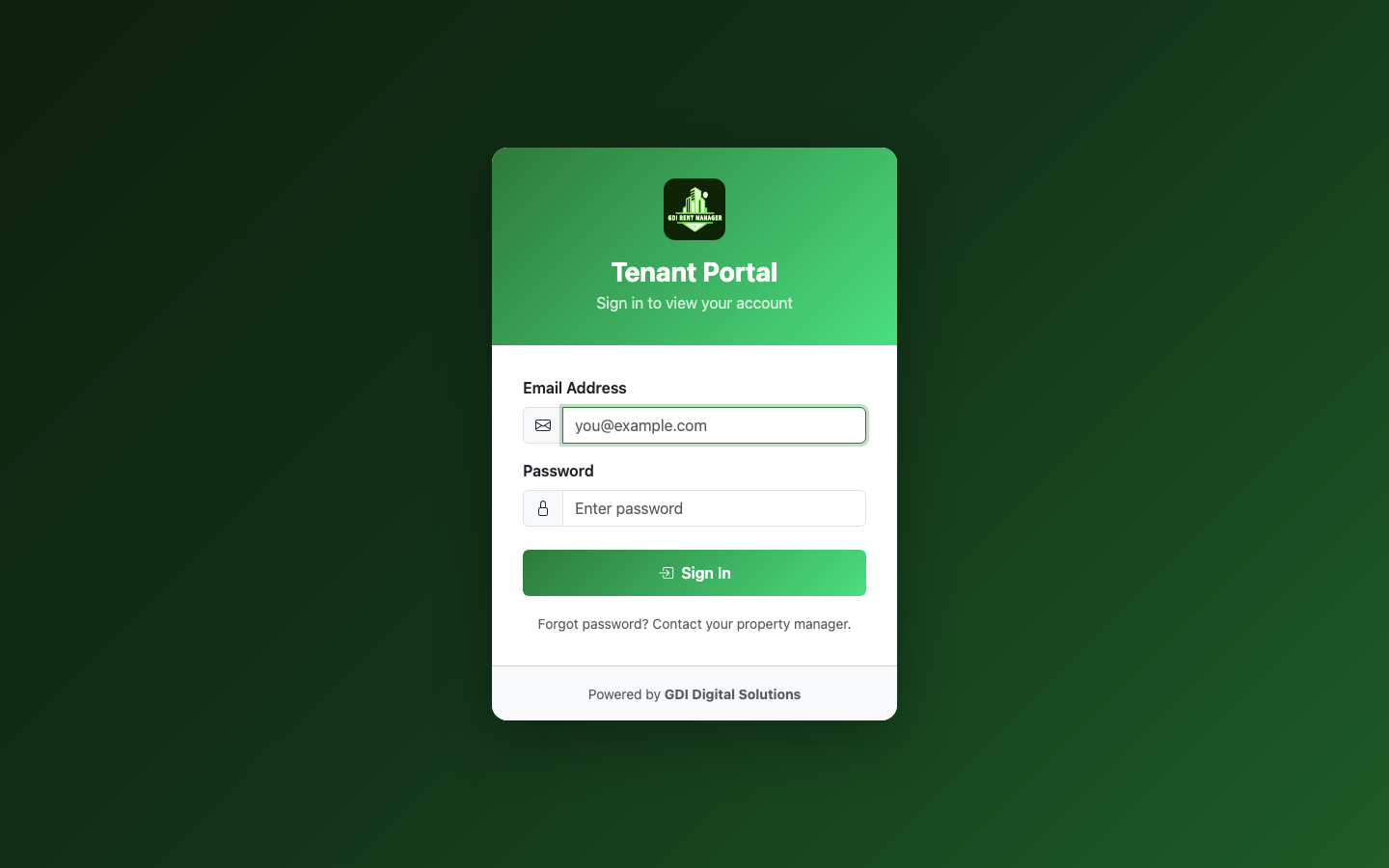 Tenant Portal login — clean, branded sign-in for renters