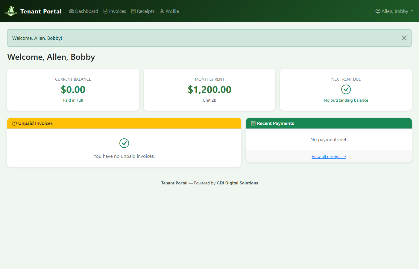 Tenant Portal dashboard — balance, monthly rent, unpaid invoices, and recent payments