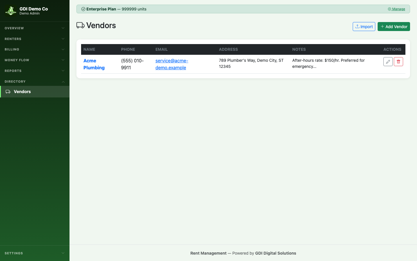 Vendors list showing contact info, notes count, and quick actions